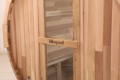 Blisspod, Prague, Canadian Red Cedar Outdoor Steam Barrel Sauna, 2-4 / 4-6 persons with Full Glass Back & 2 front Porch seats