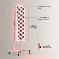 Red Light Therapy Device Designed for Professional Home Use, 660nm/850nm Dual Wavelength, Floor Stand, Full Body — infographic