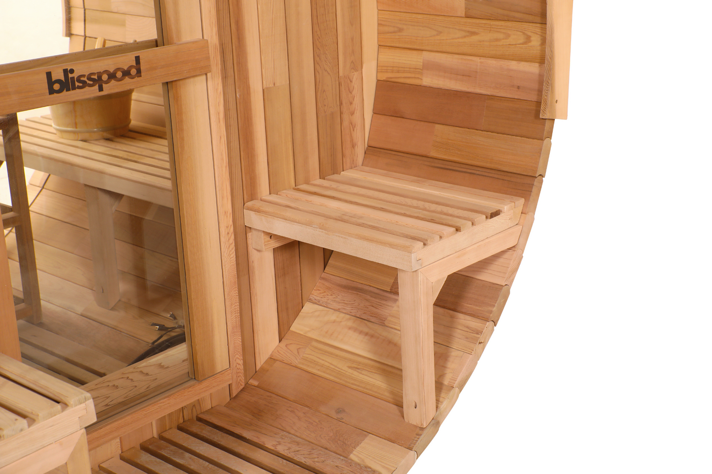 Blisspod, Prague, Canadian Red Cedar Outdoor Steam Barrel Sauna, 2-4 / 4-6 persons with Full Glass Back & 2 front Porch seats